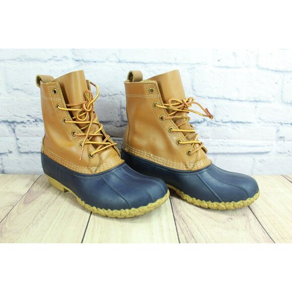 LL Bean Blue Brown Leather Rubber Unlined 8" Ankle Duck Boots Round Toe Size 8 M - Picture 3 of 10